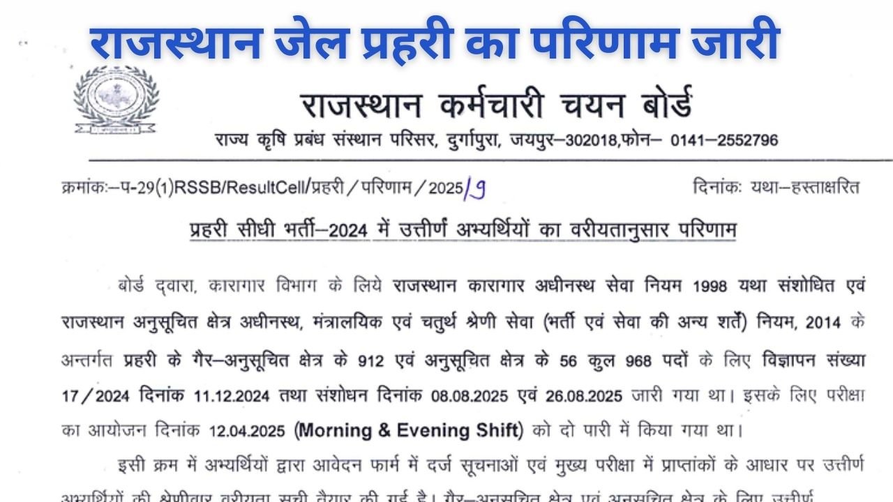 Rajasthan RSSB Jail Prahari Result Out